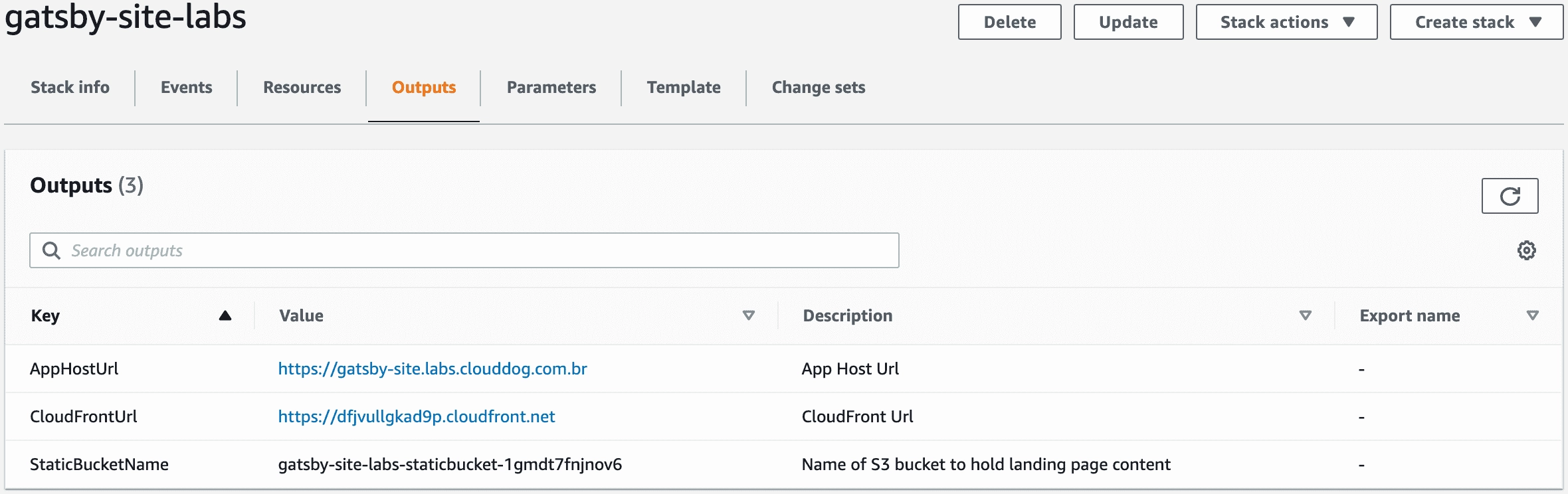 Paso 6: Outputs del Stack de Gatsby